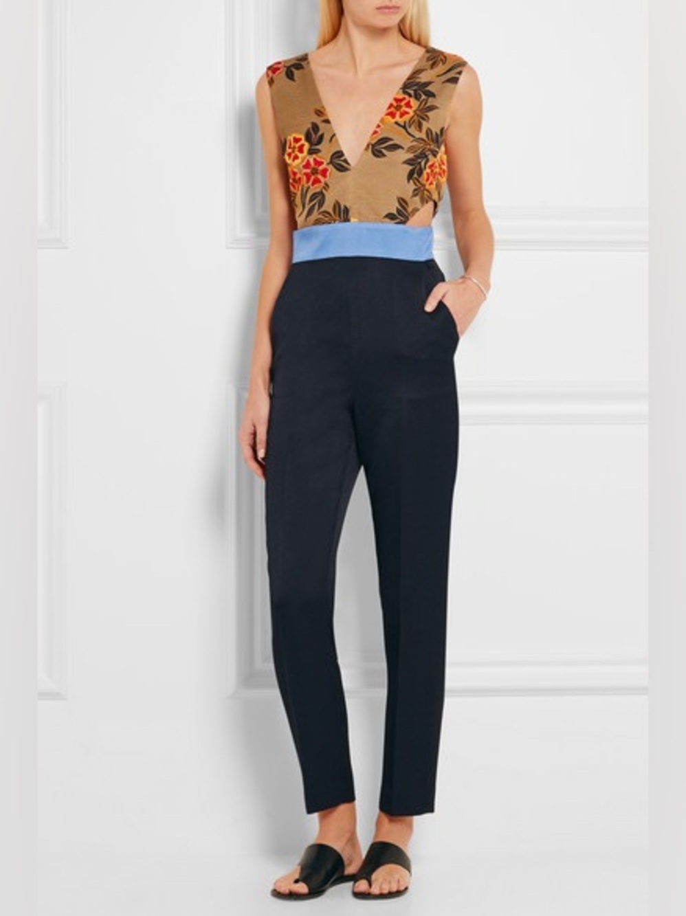 MSGM Floral Colorblock Jumpsuit Size 44 Designer Italian Wide Leg Navy Tan